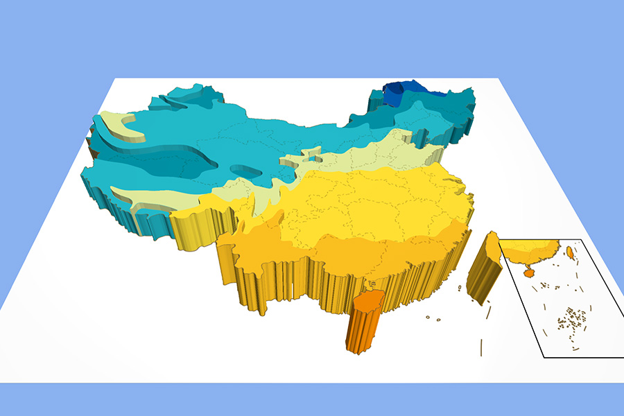 Distribution of mean January temperatures in China