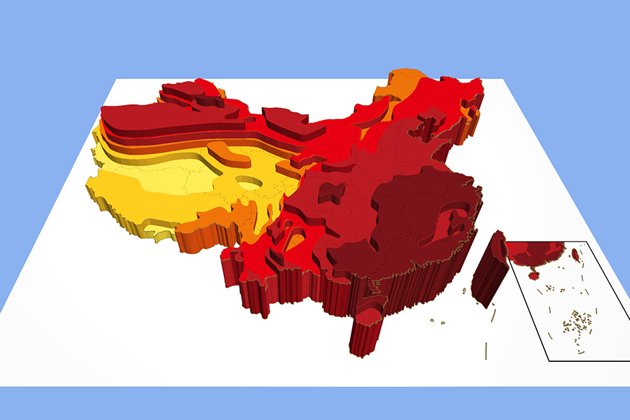 Distribution of mean July temperatures in China